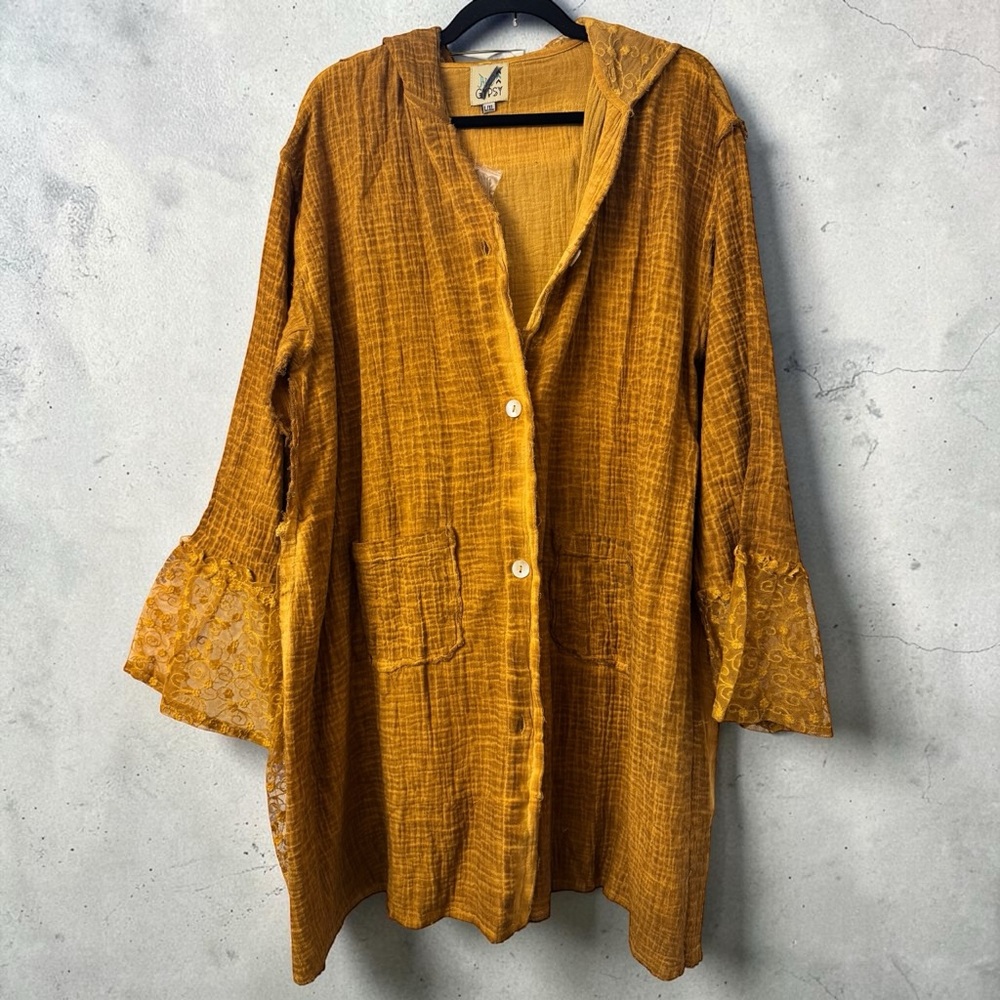 Jaded Gypsy Mustard Gauze Button-Front Tunic with Lace Bell Sleeves